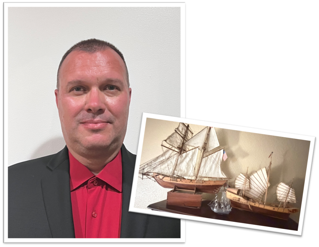 Two overlapping images. The background image is a headshot of Jason Ion, Manager of Safety and Security. The foreground image is a wooden model ship that Jason built.
