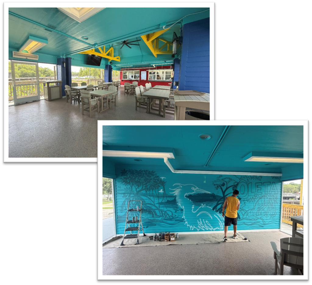 Two images overlapping. The background image shows the interior of the new Oleta River Grill. The foreground image shows a mural being painted by an artist in the restaurant.