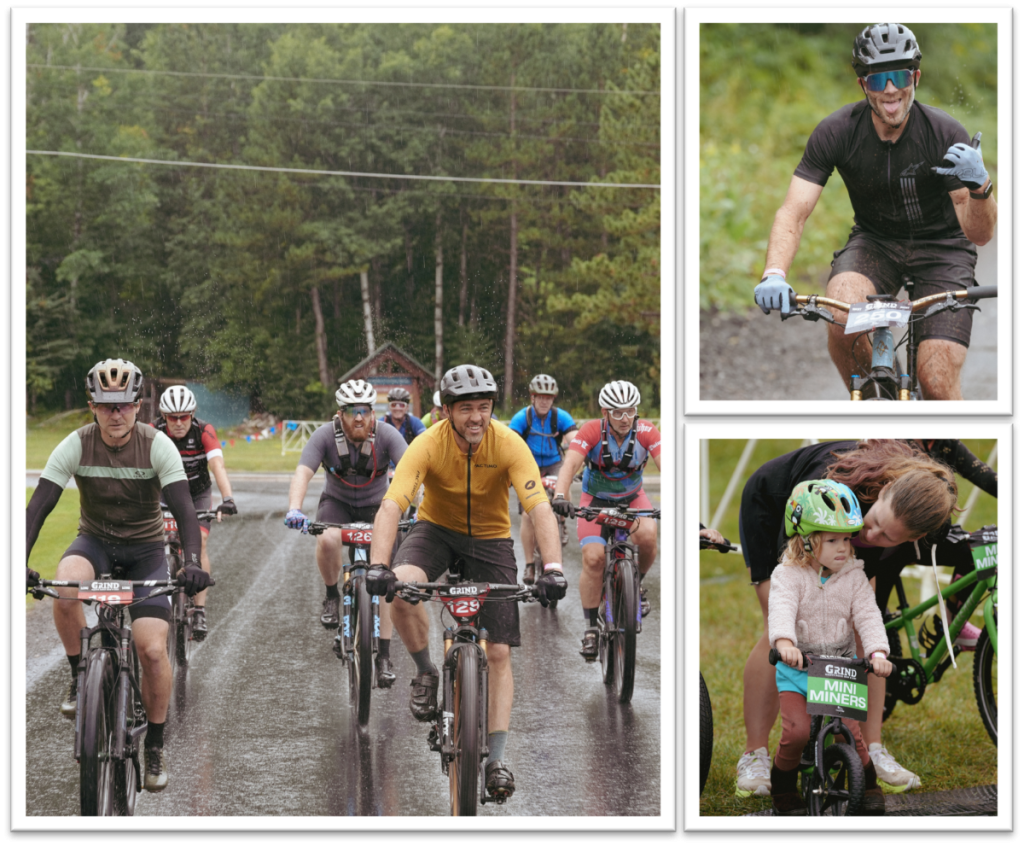 A collage of three photos from the GRIND. One photo is of a group of bikers during the race, one is of a single male rider, and one is of a young girl on a strider bike.