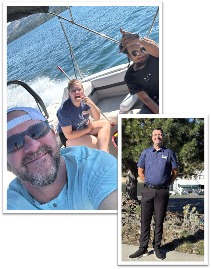 A collage of two photos. One photos shows three people in a boat, the second photo shows a man standing outside.