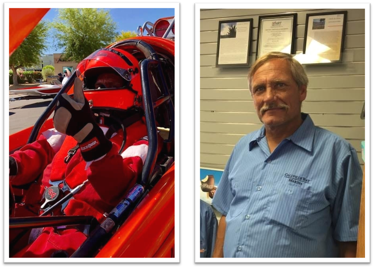 Two photos side-by-side. On the left is a photo of Herb Riggle sitting in his bright orange drag boat. On the right is Herb wearing a blue Callville Bay Marina shirt, looking at the camera.